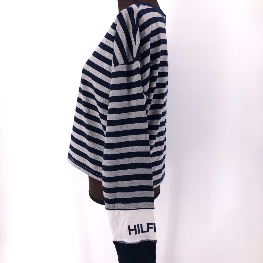 TOMMY HILFIGER Striped Long Sleeve Cropped Tee Blue Size L - Picture 2 of 8
